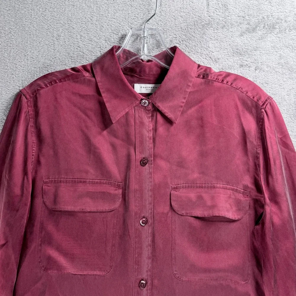 Equipment Femme Shirt Women XS Burgundy Silk Long Sleeve Button Down Pockets